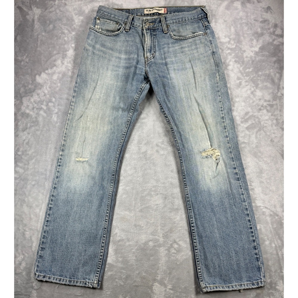 LEVIS 514 Slim Straight Light Wash Blue Mens 33x30 Y2K Distressed‎ Faded Jeans